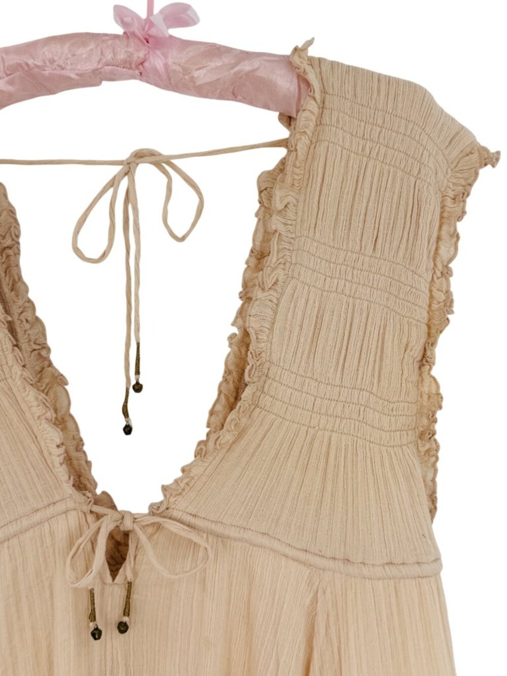 Free People Beige Layered Ruffle Ruched V-Neck Mini Dress S | Coastal Boho Indie - Picture 4 of 13